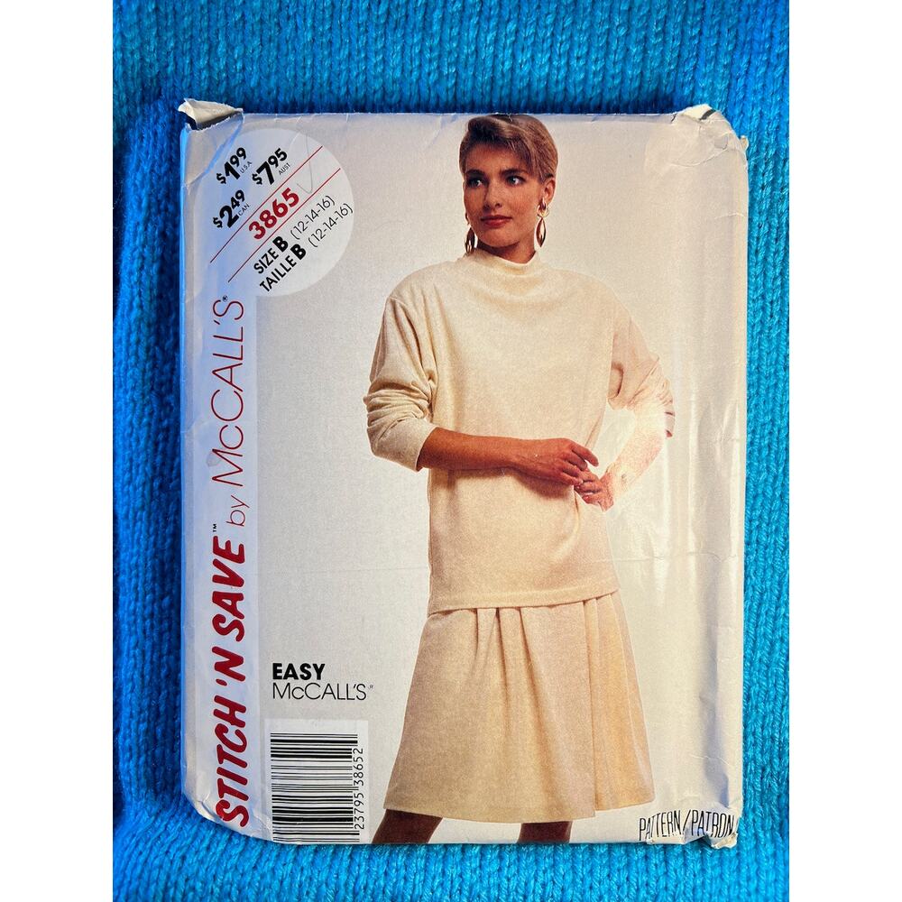 McCalls 3865 Sewing pattern mock neck pullover top drop waist skirt size 12 14